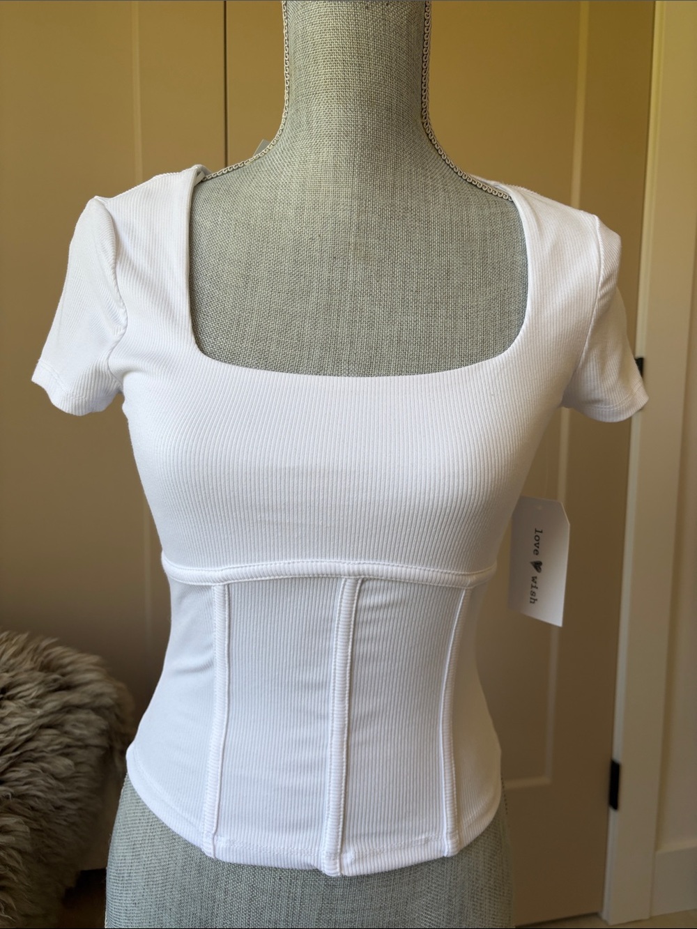 White Ribbed Square-Neck Short Sleeve Top by